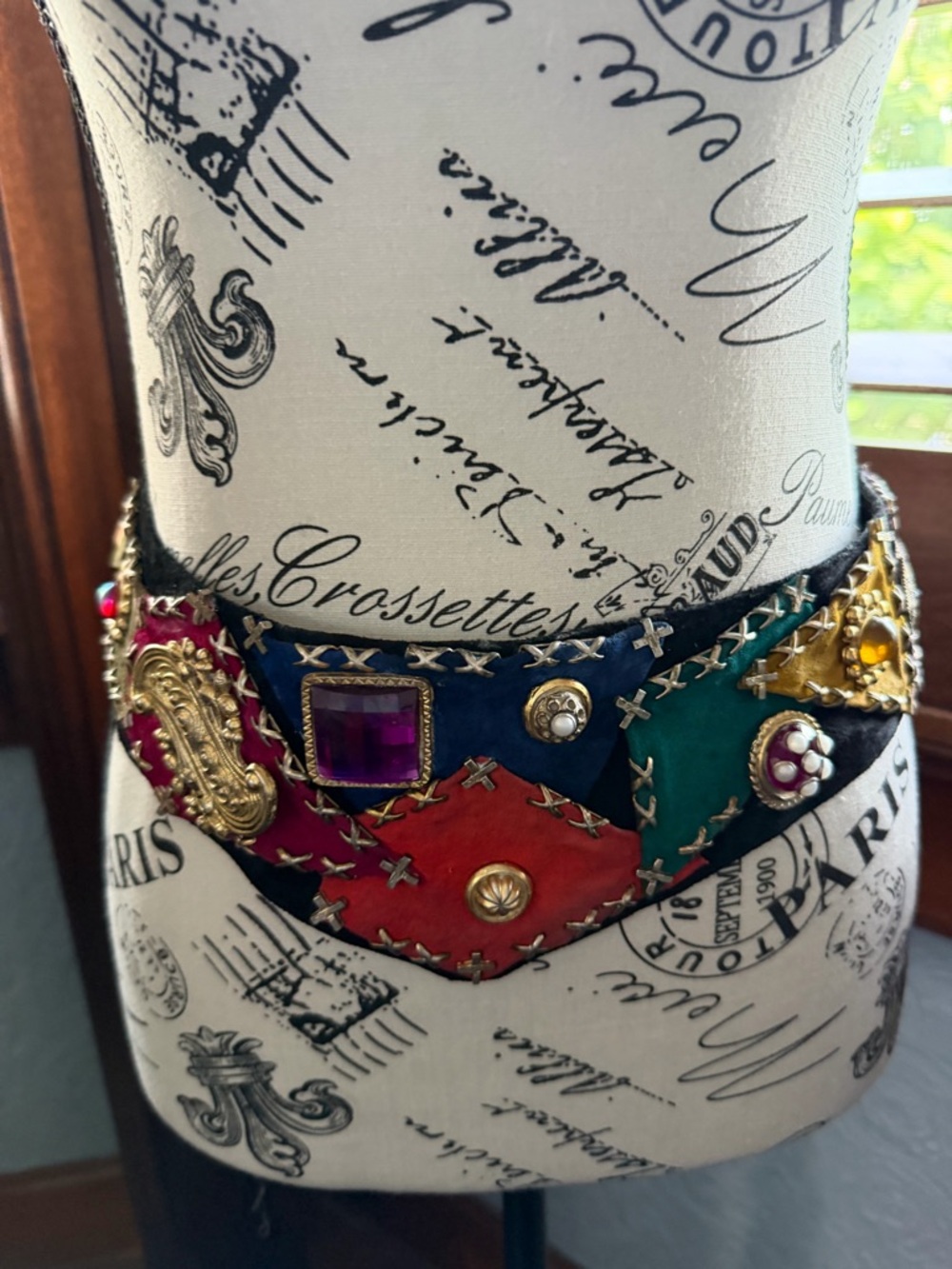 Vintage Multicolor Patchwork Statement Waist Belt with Gem Accents